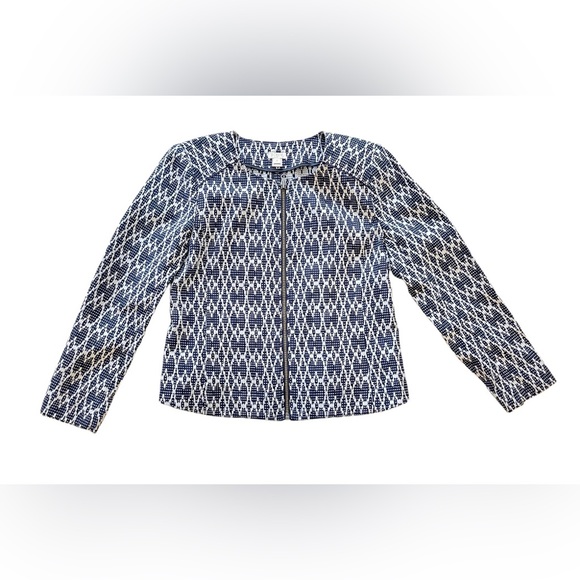 J. Crew Women's Small Navy Blue Jacquard Aztec Zip Up Blazer Moto Jacket NWOT - Picture 2 of 12